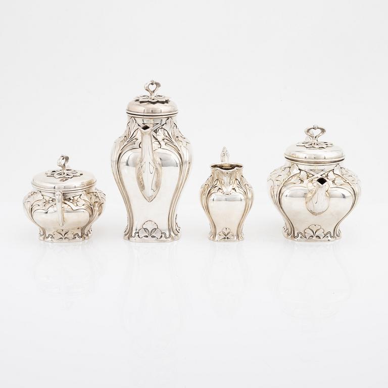 Carl Fredrik Carlman, kaffeservis, 4 delar, silver, jugend, Stockholm, 1907.
