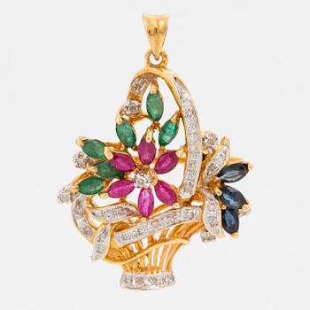 BROSCH/HÄNGE, Blomsterkorg med smaragder, rubiner, safirer och diamanter.