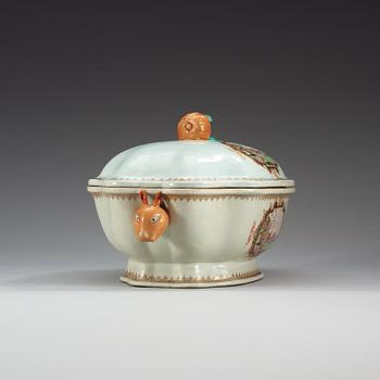 A famille rose 'European Subject' tureen with cover and stand, Qing dynasty, Qianlong (1736-95).