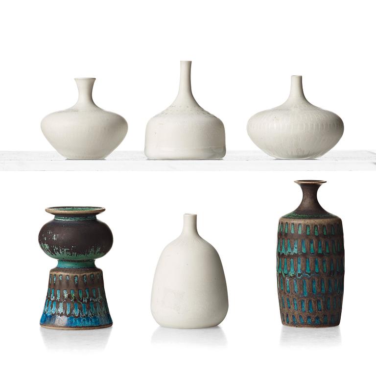Stig Lindberg, a set of six stoneware miniature vases, Gustavsberg studio, Sweden 1958-62.