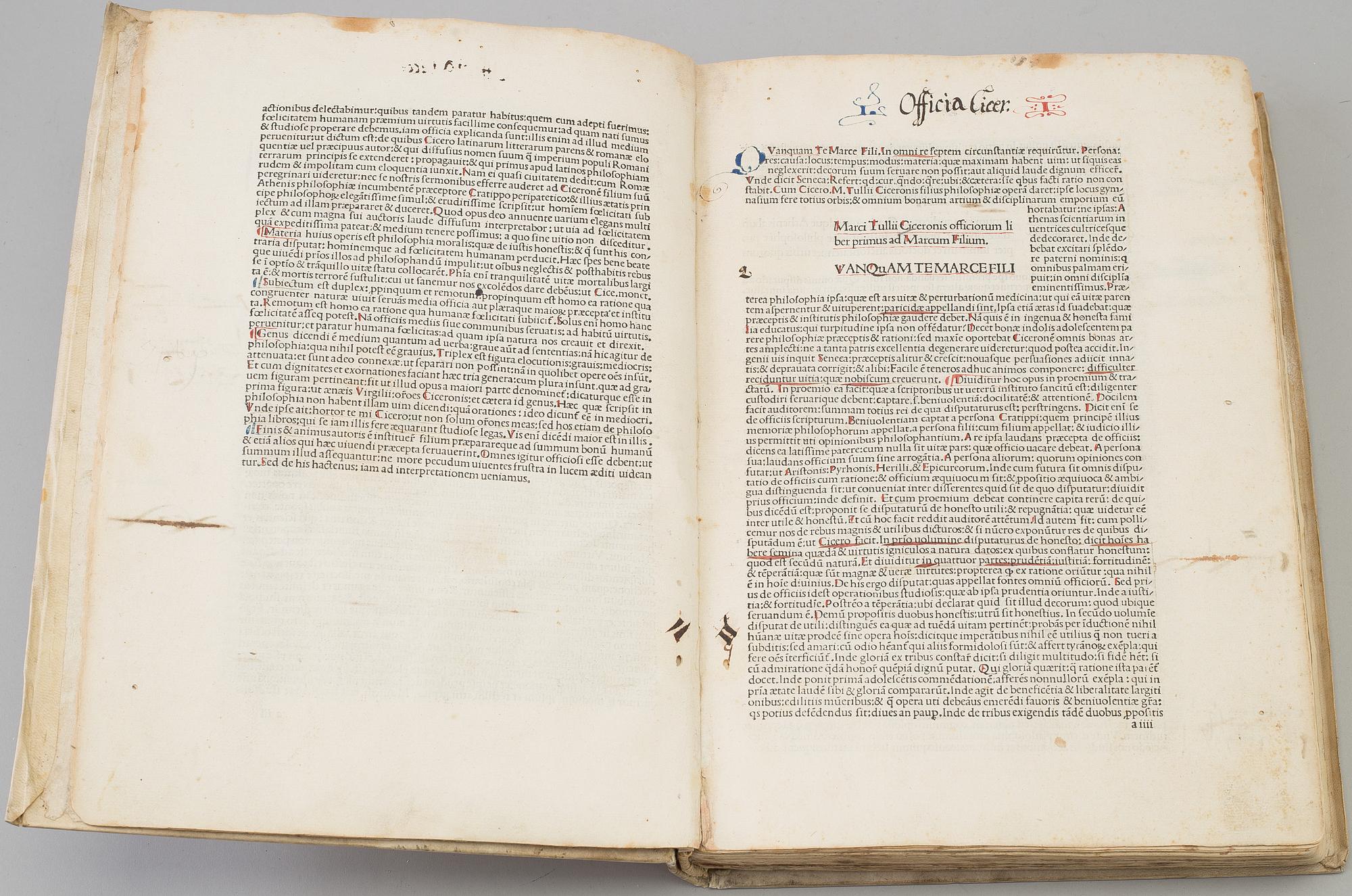 BOK, - Inkunabel, tryckt i Venedig 1481 Cicero: De Officiis.
