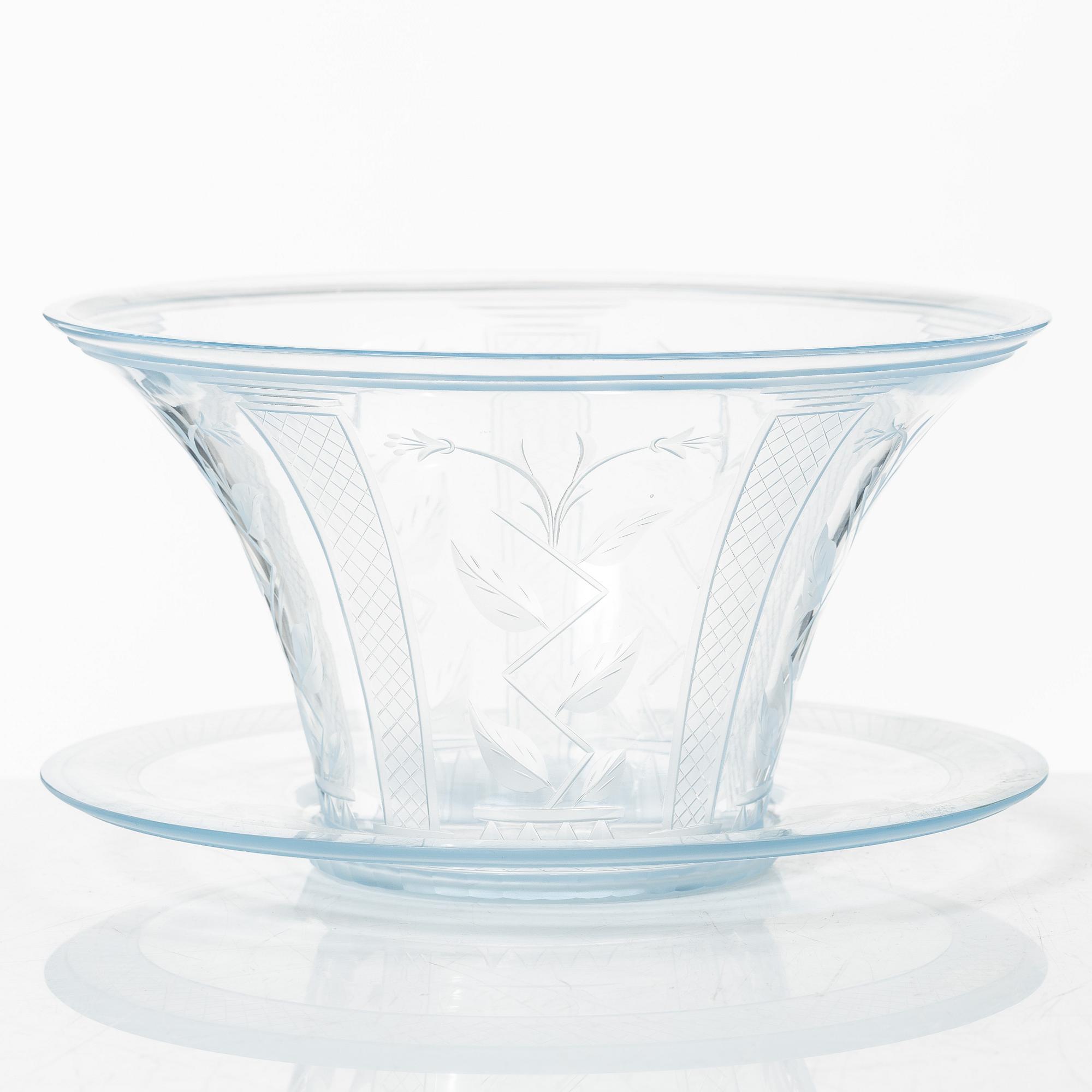 Edward Hald, skål på fat, glas, Orrefors 1930.