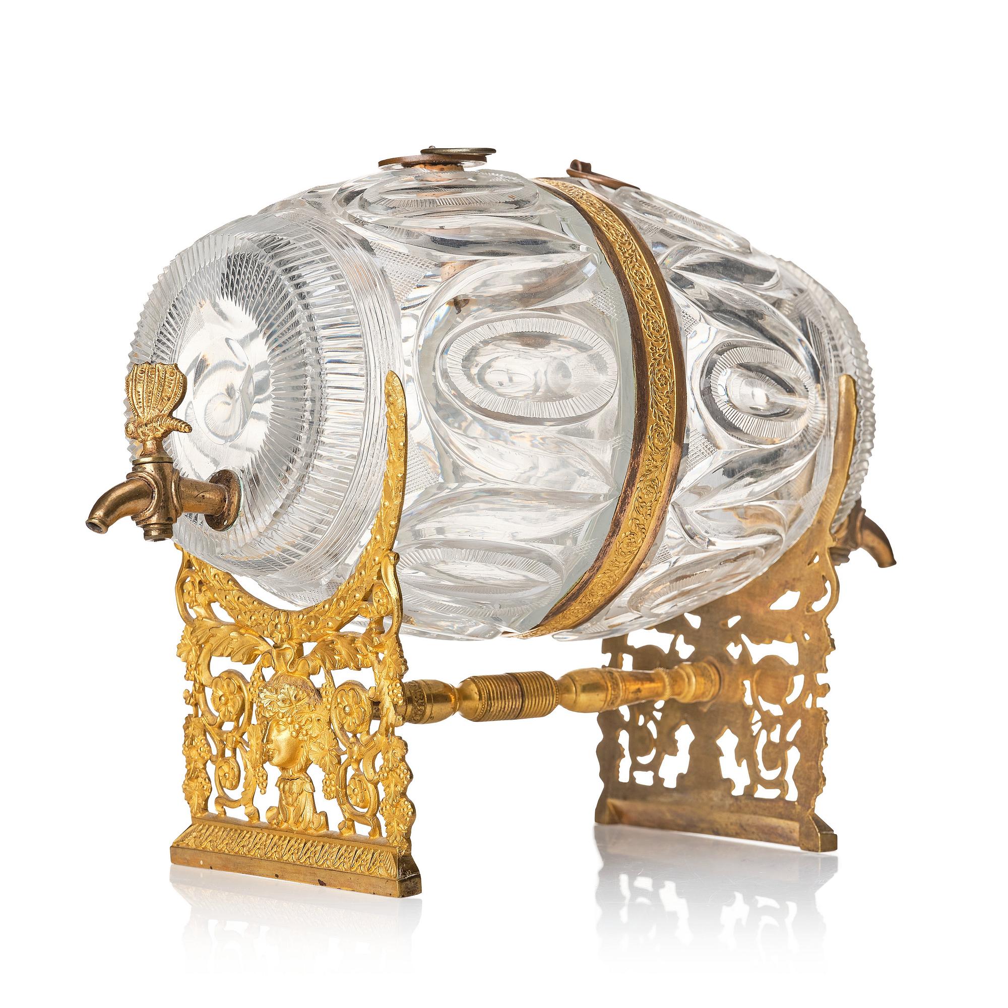 A Empire ormolu-mounted cut glass wine barrel.