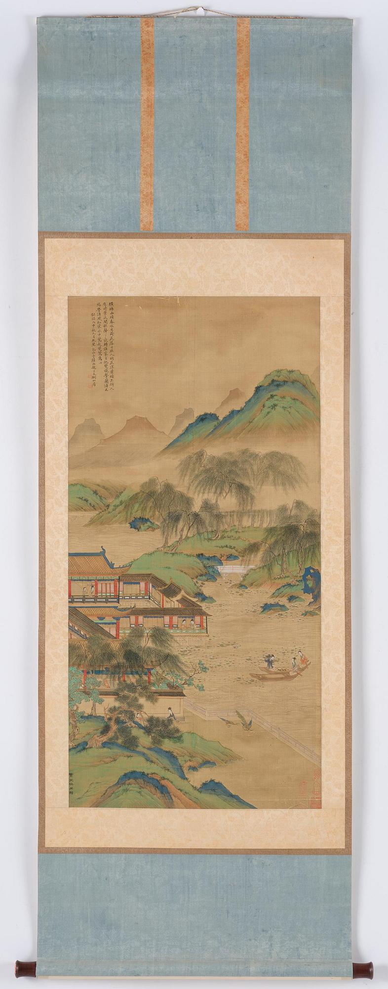 A Chinese scroll painting, ink and colour on silk, late Qing dynasty after Qiu Ying.