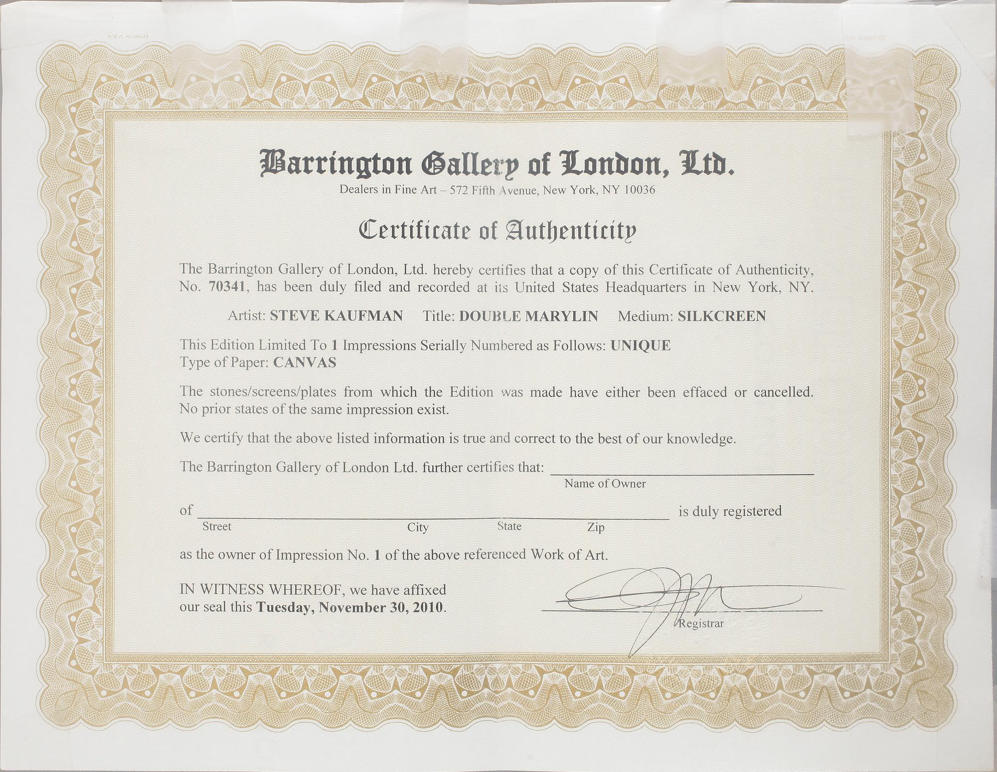 STEVE KAUFMAN, silkscreen på duk, unikat, certifikat medföljer.