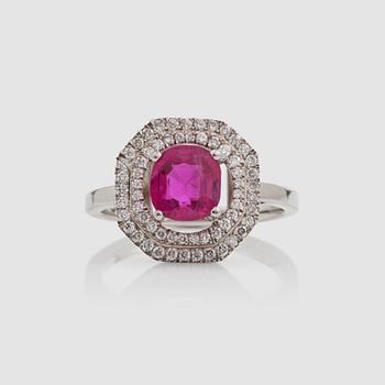 1301. An untreated Burmese ruby, 1.64 cts, and brilliant-cut diamonds, 1.00 ct in total, ring.