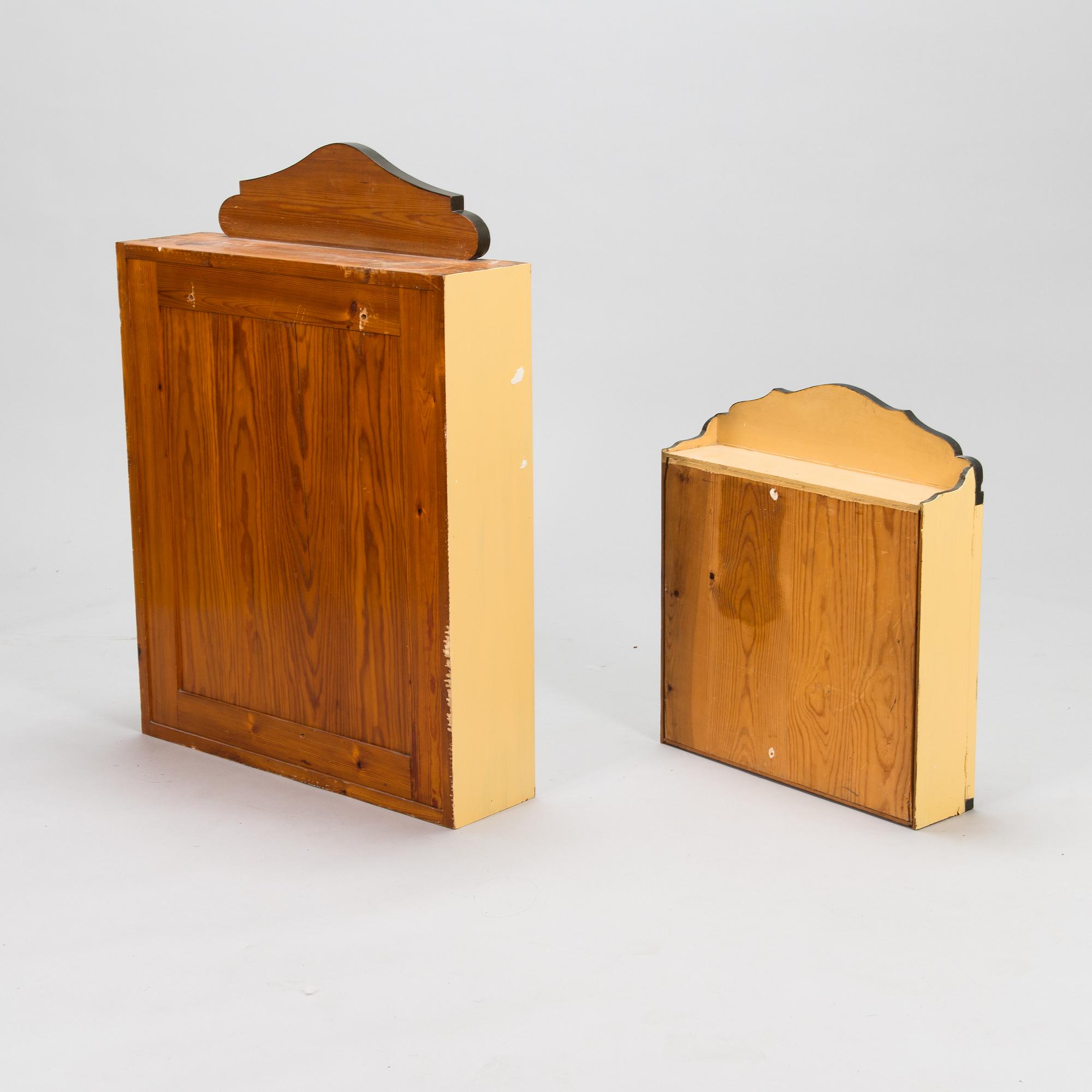 Two wall cabinets and shelves, Sagu pharmacy furniture, Finland early 20th century.