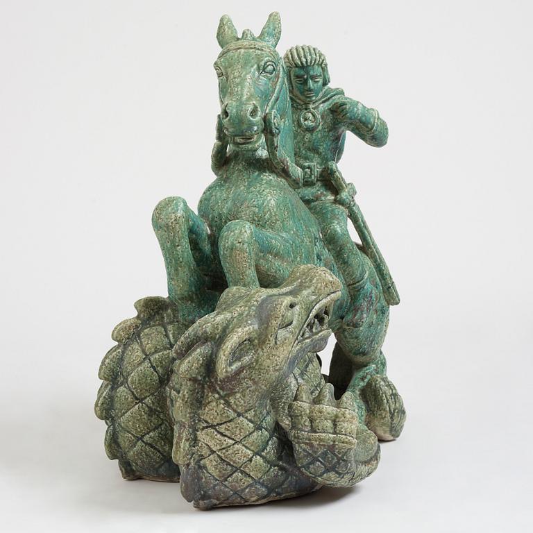 Gunnar Nylund, 'Saint George and the Dragon', a monumental stoneware sculpture, Rörstrand, Sweden, mid 1900s.