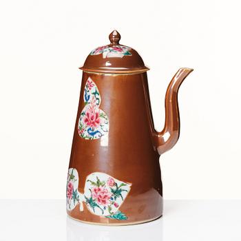 A cappuciner brown and famille rose coffee pot with cover, Qing dynasty, 18th Century.
