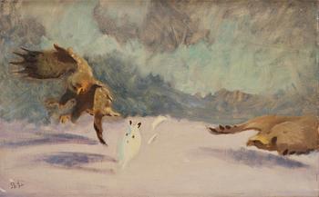 604. Bruno Liljefors, Winter Rabbit Chased by Two Eagles.
