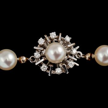 COLLIER, odlade pärlor med lås i 18k vitguld med 8 briljantslipade diamanter, tot ca 0.24 ct,  1900-talets andra hälft.