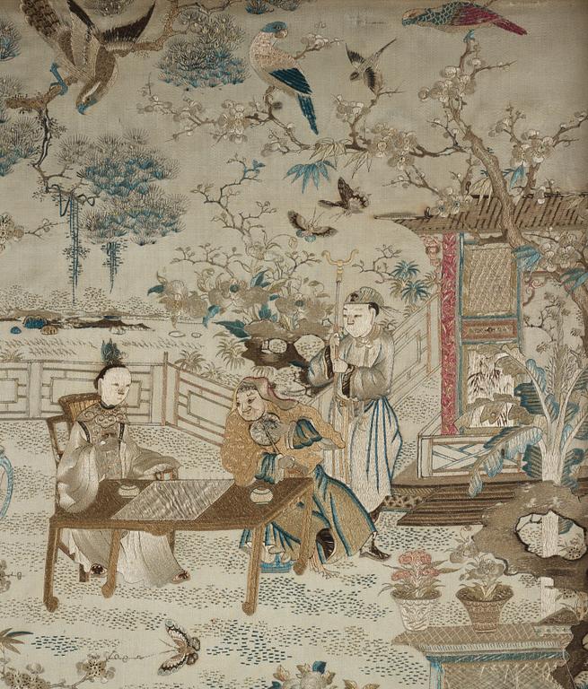 A silk embroidery with a scene from court life, Qing dynasty (1662-1912).