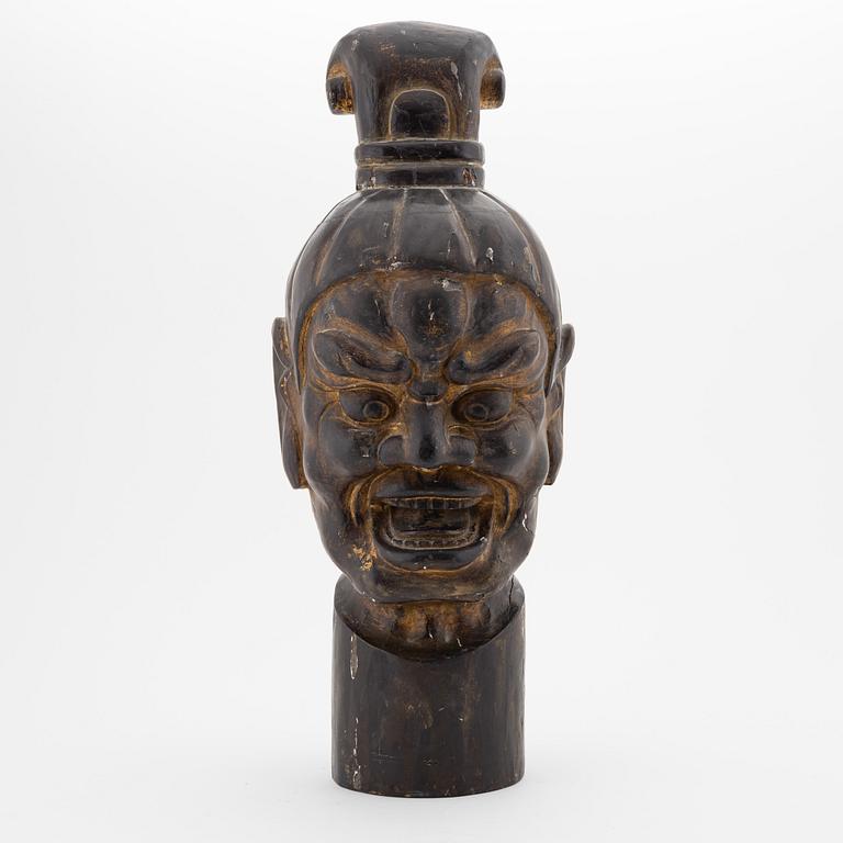 A Japanese carved wooden, lacquer and gilt head of a demon (Oni), presumably Meiji (1868-1912).