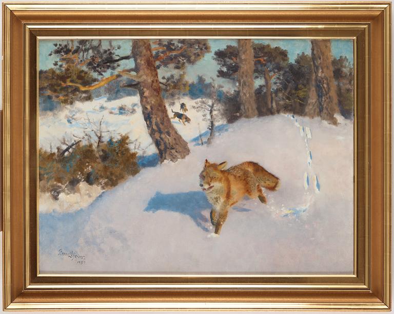 Bruno Liljefors, Vinterräv med efterföljande stövare.