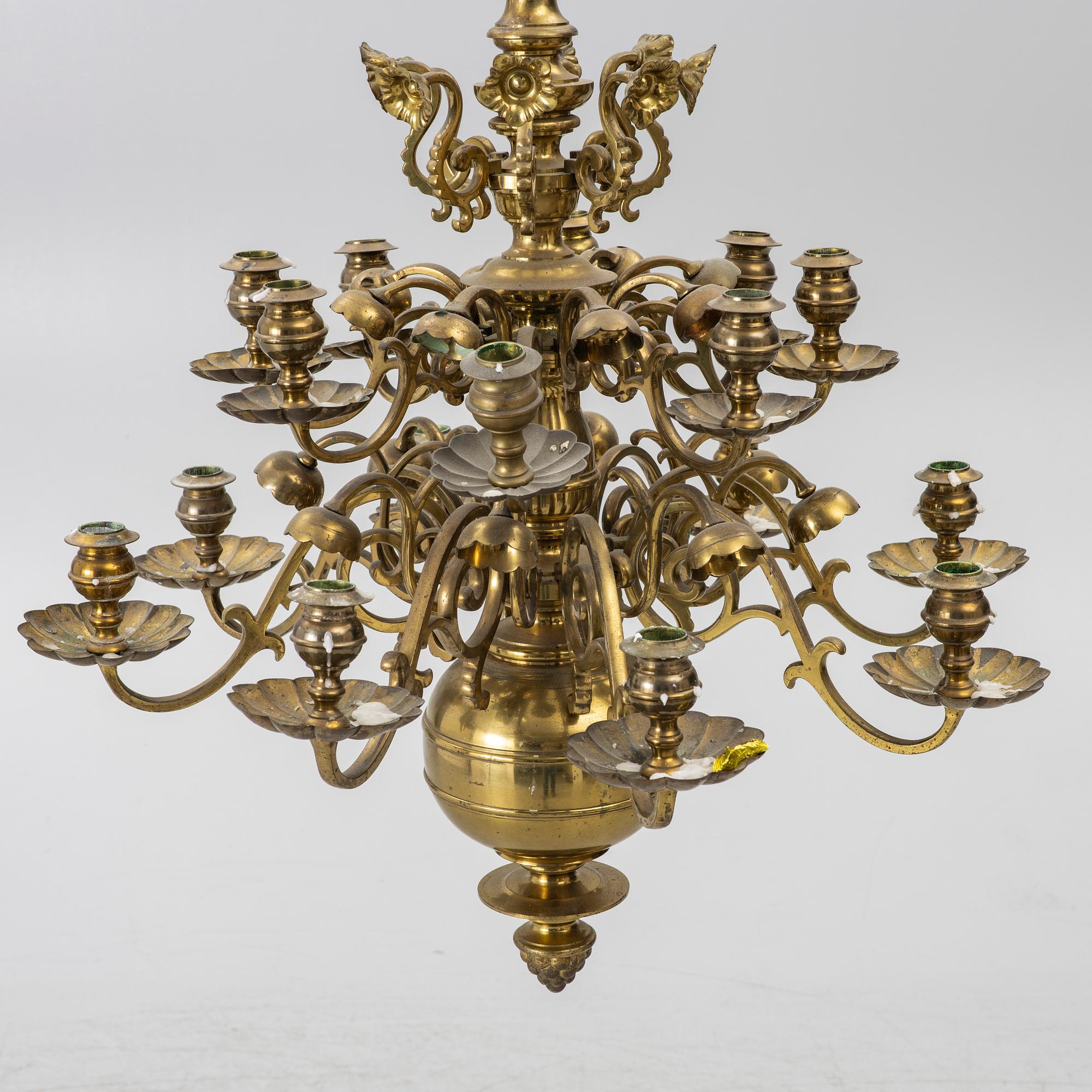 A Baroque style brass chandelier, 20th century.