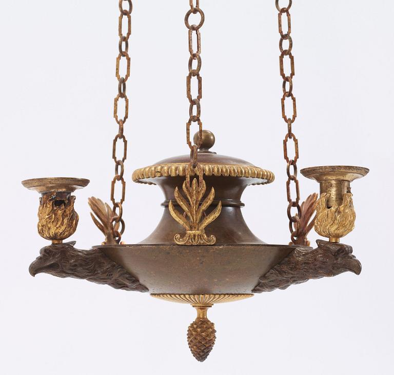 A Swedish Empire early 19th century three-light hanging-lamp.