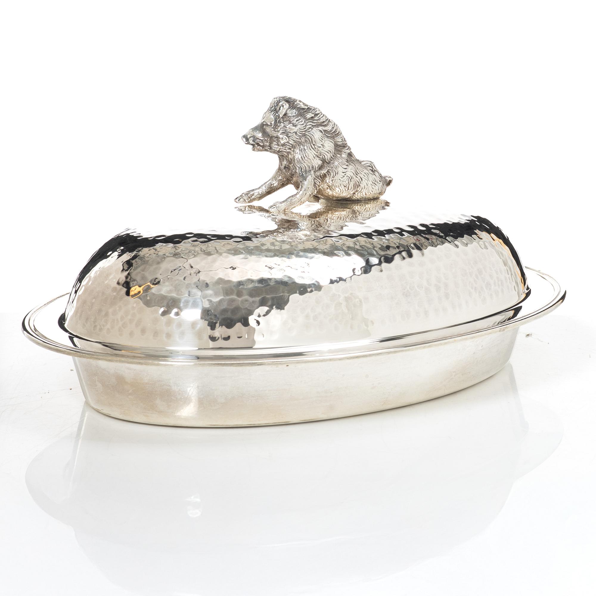 Covered bowl, silver plate, with glass insert, 20th century.