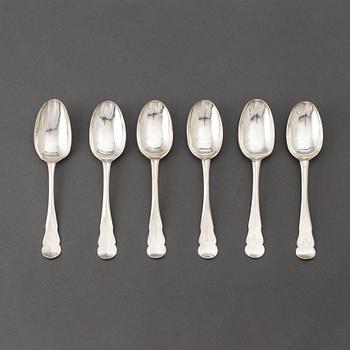 A set of six Swedish 18th century silver dinner-spoons, mark of Johan Leffler, Falun 1773.