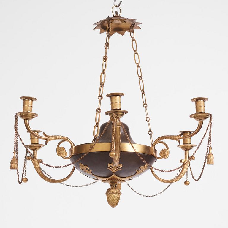 A late Gustavian ormolu and patinated bronze six-branch chandelier, Stockholm circa 1800.