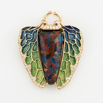 Brooch, butterfly, 18K gold with enamel, synthetic opal, rubies and brilliant-cut diamonds.