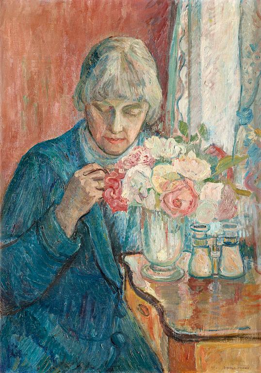 Oluf Wold-Torne, Kris syr (Dam vid rosbukett ) (Kris sewing / Lady by a bouquet of roses).