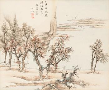 ALBUMBLAD, landskapsmålningar, två stycken. Oidentifierad konstnär, Kina, troligen tidigt 1900-tal.