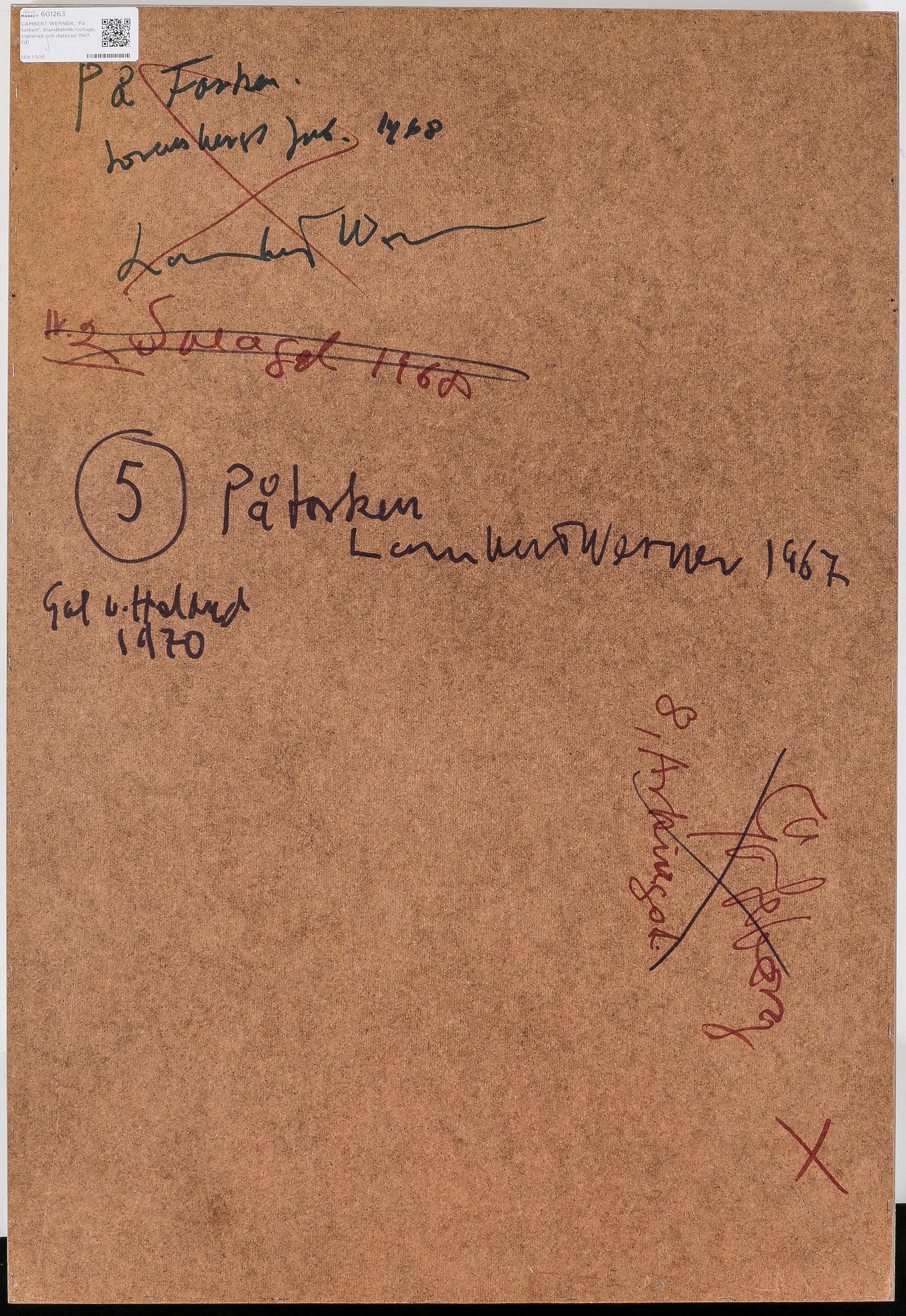LAMBERT WERNER, "På torken", blandteknik/collage, signerad och daterad 1967.