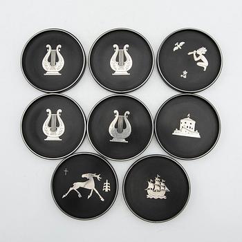 Wilhelmina Wendt, glass coasters, 8 pcs, Perstorp, 1938-1964.