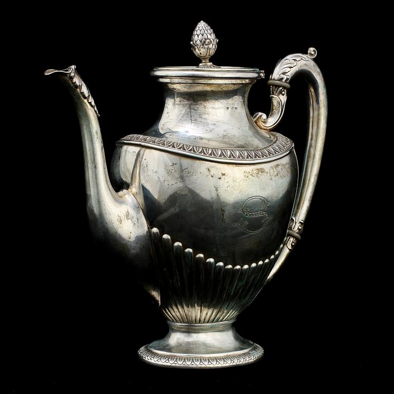 KAFFESERVIS, 3 delar, silver, empirestil, Carl Gustaf Hallberg, Stockholm, 1910-tal. Vikt 1250 g.