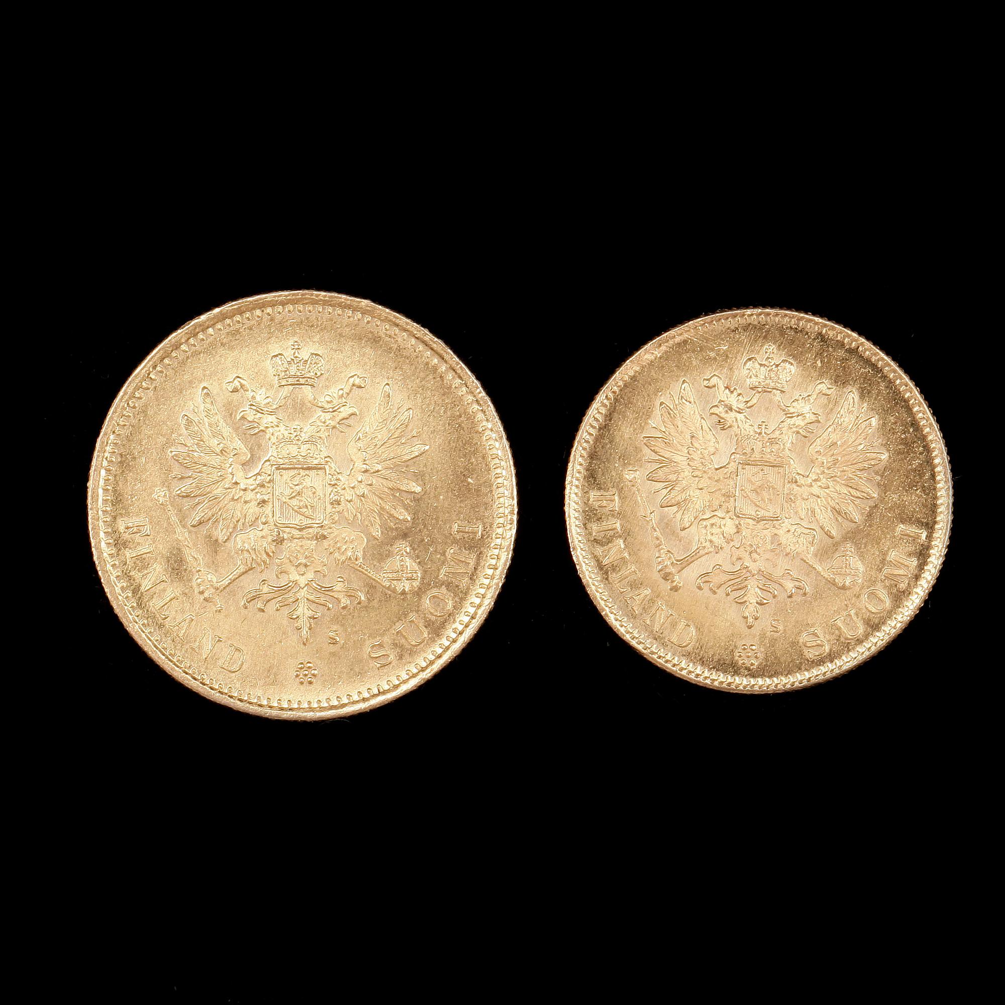 GULDMYNT, 2st, lägst 20k guld, 20 mark resp 10 mark, Finland/Ryssland, 1913. Totalvikt ca8,7g.