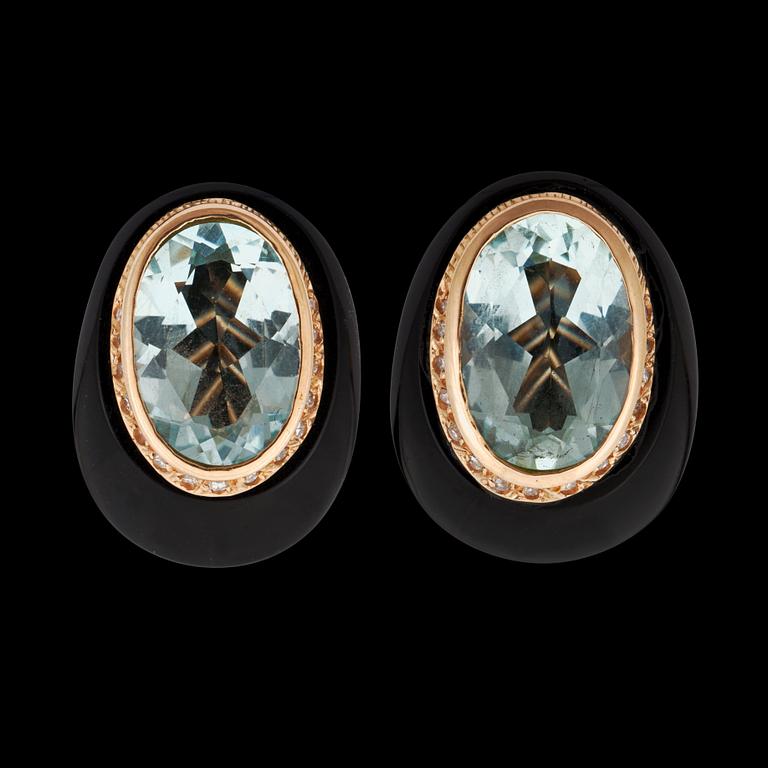 A pair of onyx and aquamarine and diamond, circa 0.30 ct, earrings.