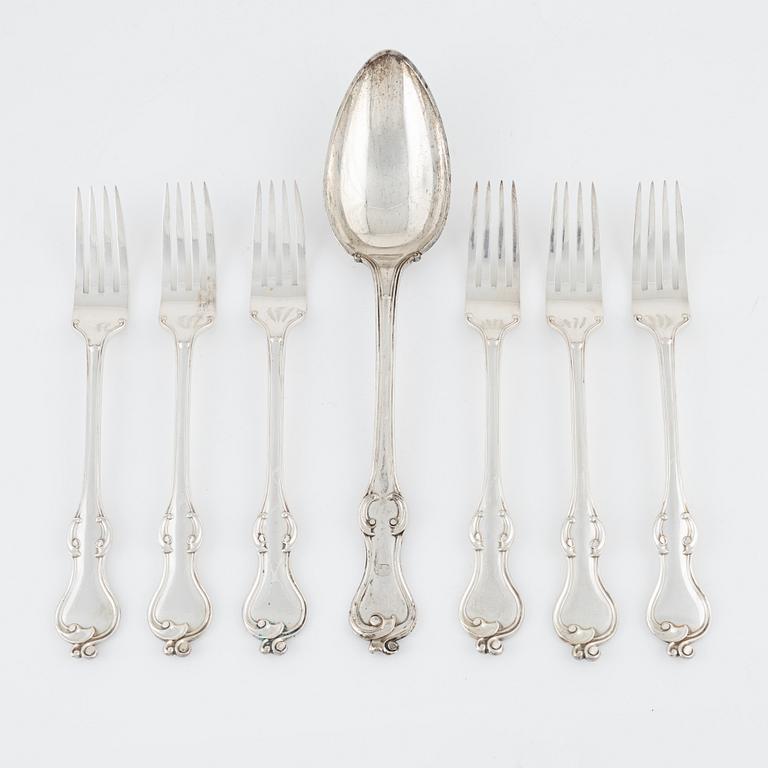 6 Swedish silver forks and a serving spoon, including Carl Tengstedt, Gothenburg, 1855.