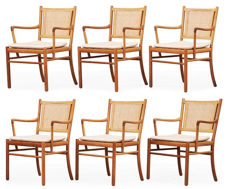 A set of six Ole Wanscher cherry and ratten armchairs, PJ Jeppesen, Denmark, model PJ 301.