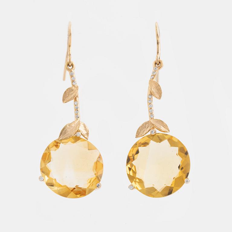 Large citrine and brilliant cut diamond earrings.
