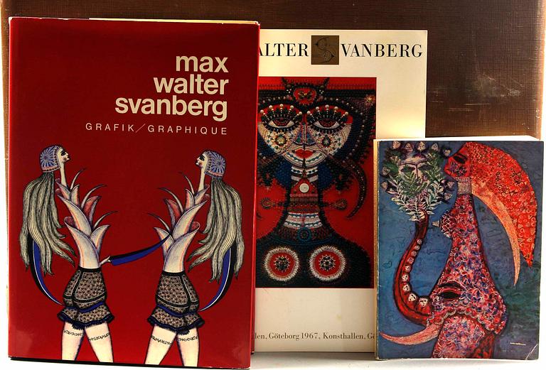 MAX WALTER SVANBERG, färglitografier, 12 st, sign o dat i trycket Max Walters 57 samt BÖCKER, 3 st.