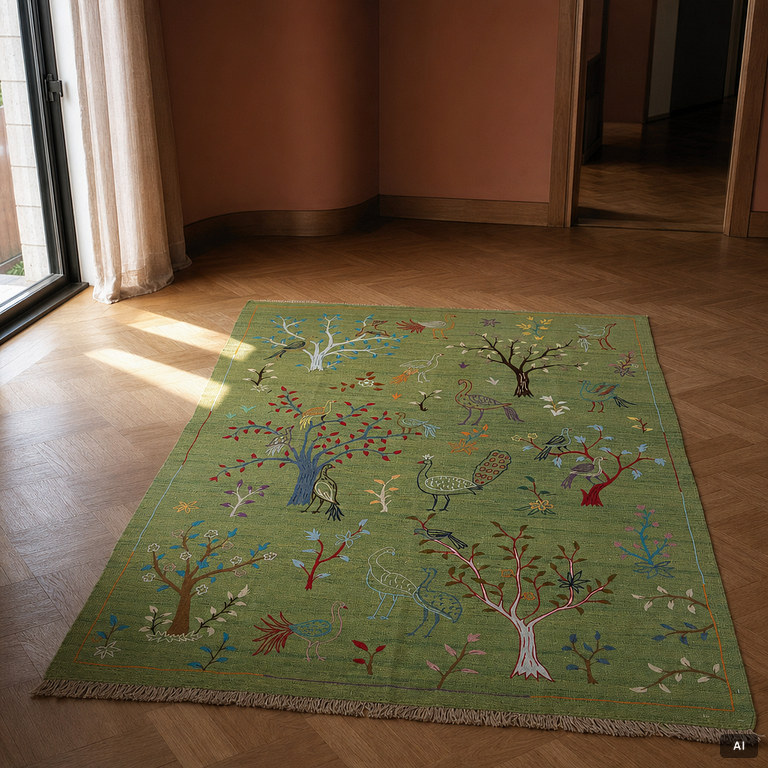 A hand-embroidered Kilim rug, c. 200 x 150 cm.
