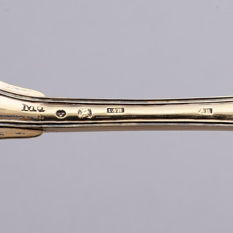 A set of five pieces gilt-silver travel cutlery, mark of Johan Abraham Hallard, Stockholm 1794.