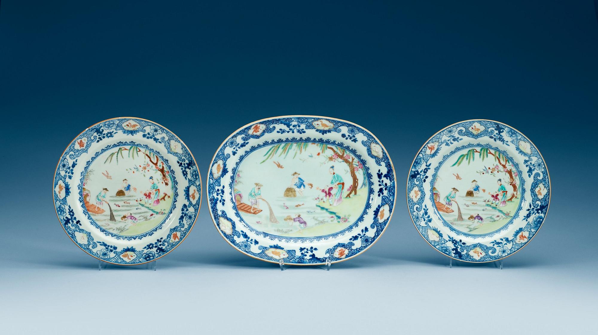 FAT samt TALLRIKAR, ett par, kompaniporslin. Qing dynastin, Qianlong (1736-95).