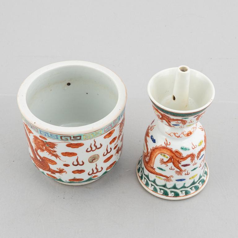 A porcelain flower pot and an incense holder, China, early 20th century.