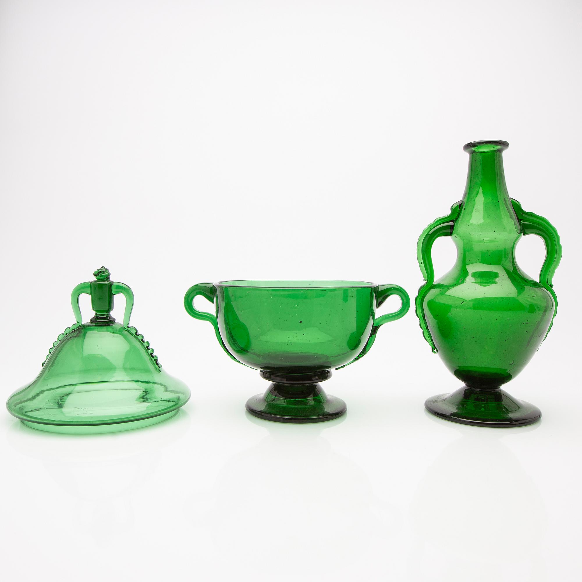 Simon Gate/ Edward Hald, decanters and bowl, 4 pcs, Orrefors, first half of the 20th century.