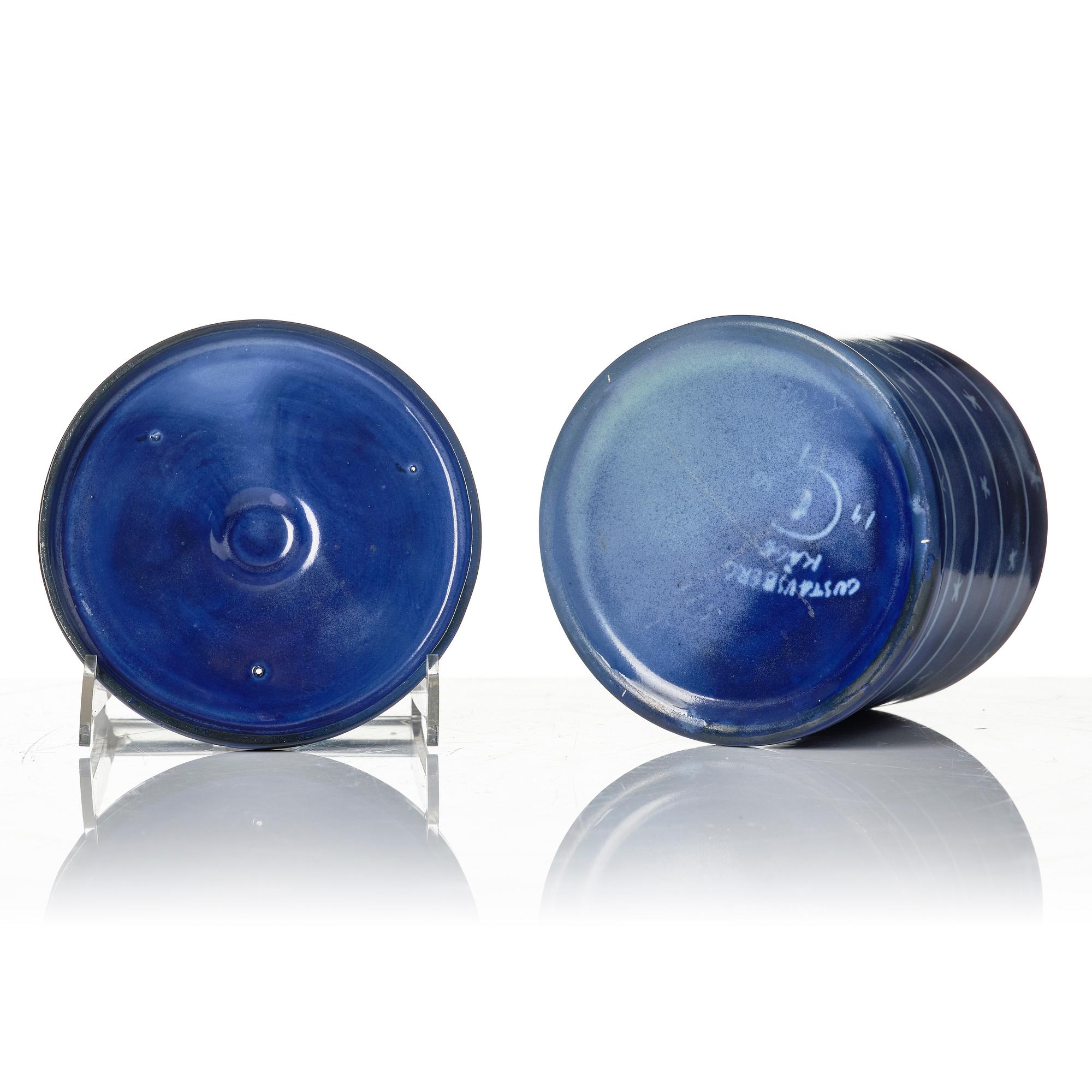 Wilhelm Kåge, two porcelain vases and an earthenware jar with cover, Gustavsberg, Sweden, 1924 and presumably 1930.
