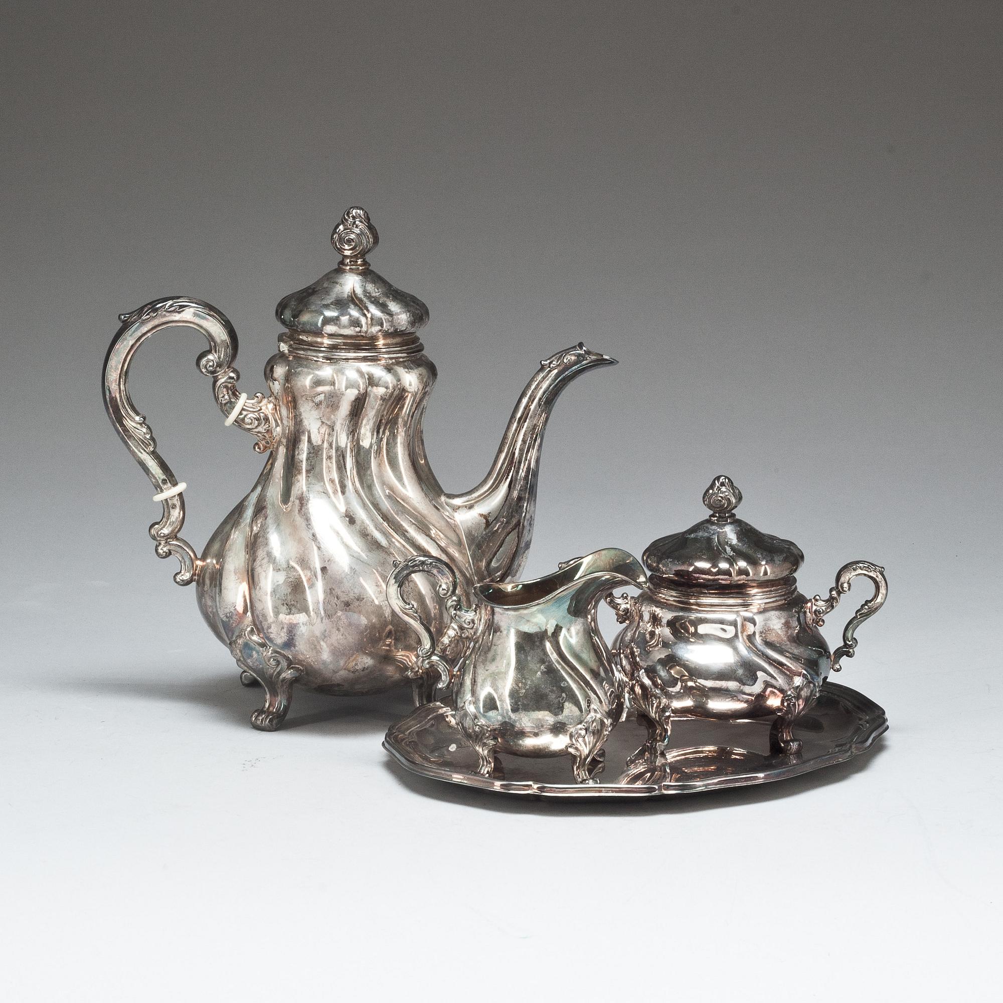 KAFFESERVIS, 4 delar, silver, svenska importstämplar,  bla 1941, vikt ca 964 gram.