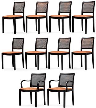 490. A set of eight Uno Åhrén black lacquered birch chairs and a pair of armchairs, Svenskt Tenn, ca 1931.