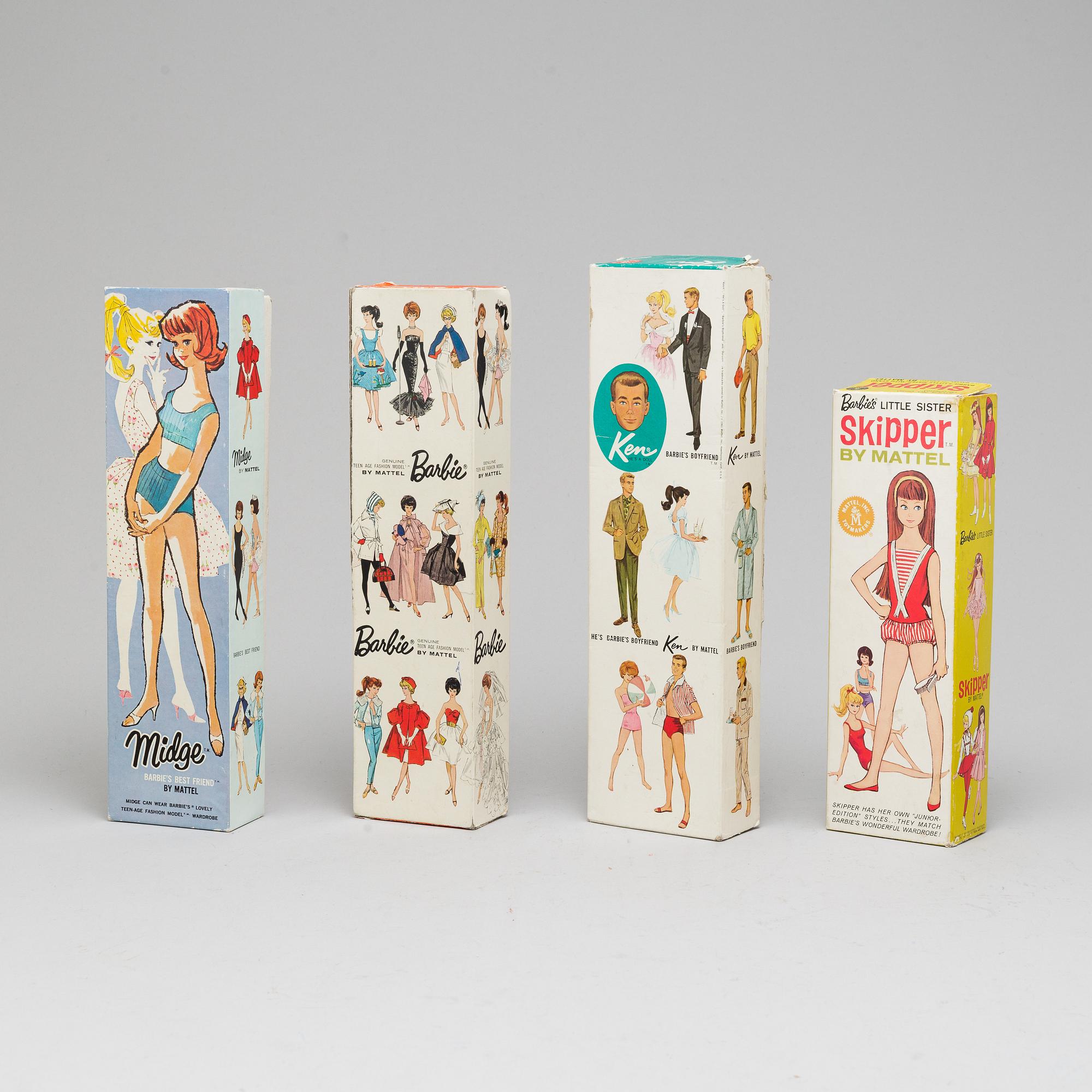 Four 1960's Barbiedolls with accessories, Mattel.