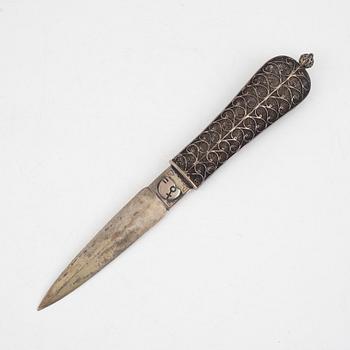 Dagger/letter opener, filigree work, possibly low-grade silver, not marked.