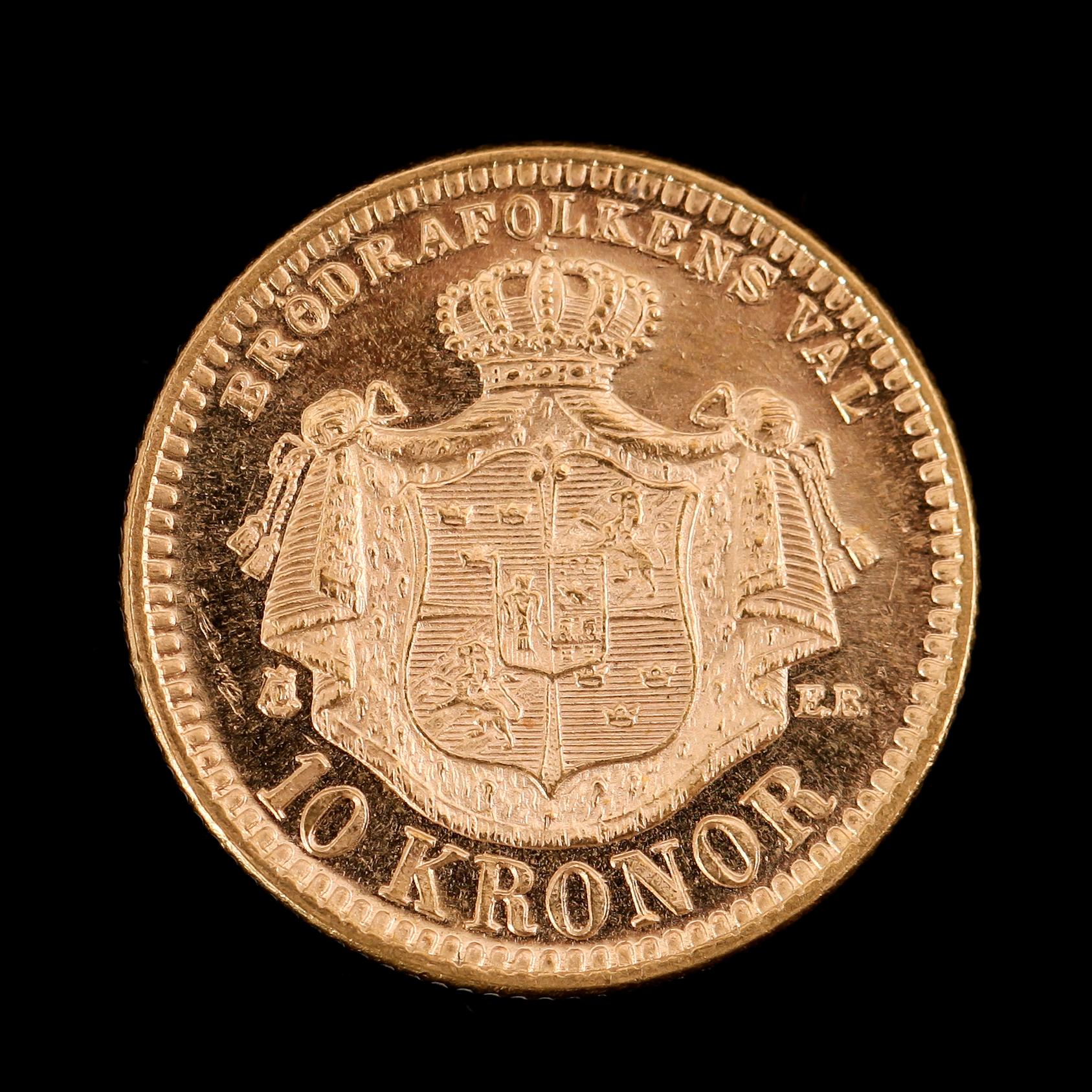GULDMYNT, 10 kronor, Oscar II, 1894.  Vikt ca 5 gram.