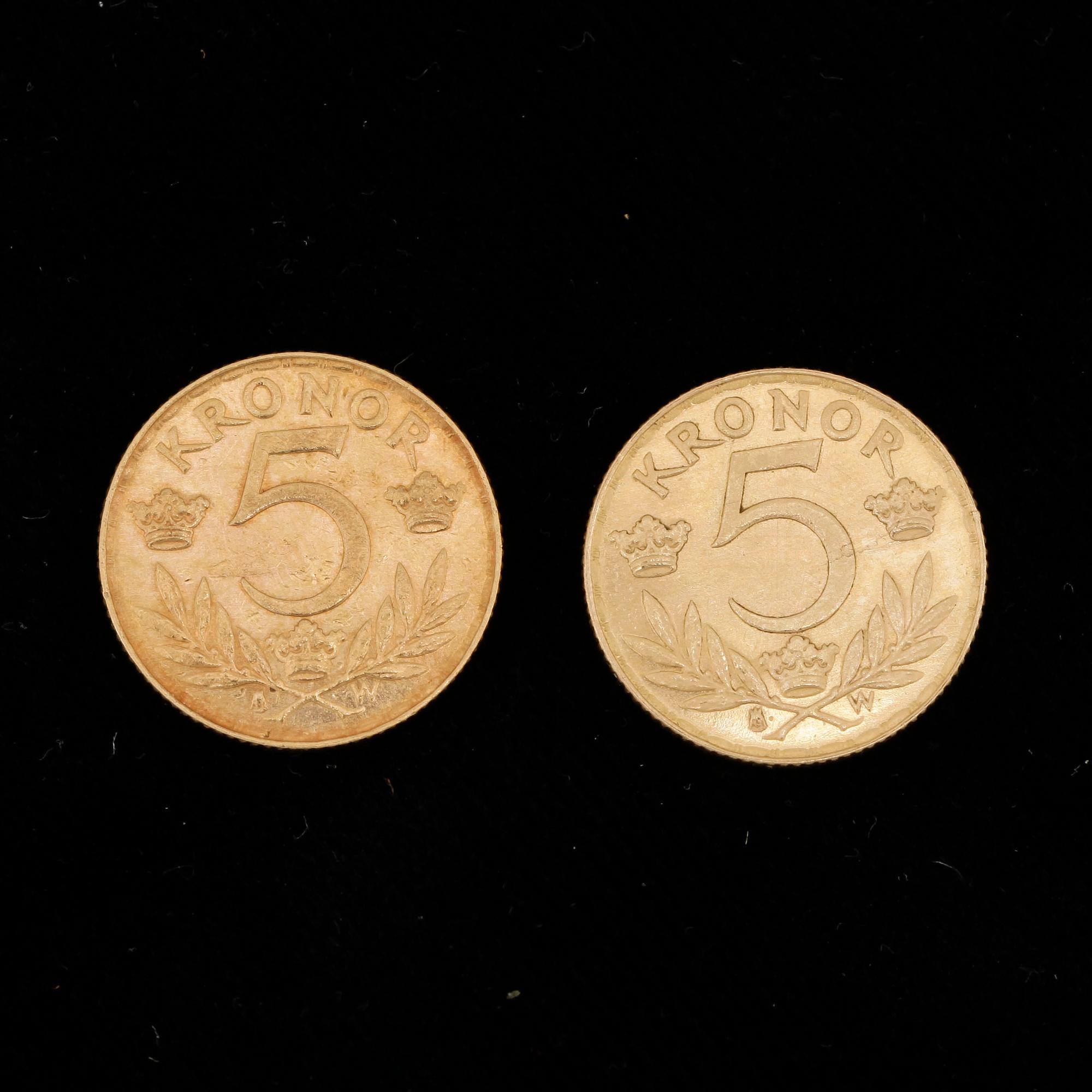 GULDMYNT, 2 st, 5 Kronor, Gustav V, Sverige 1920. Vikt ca gram.