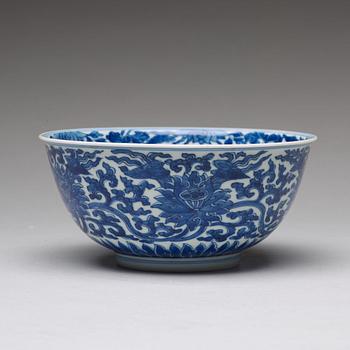 A blue and white lotus bowl, Qing dynasty, with  Kangxi mark and period (1662-1722).