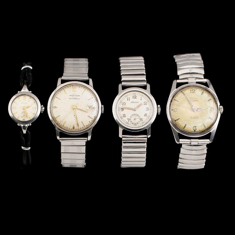 ARMBANDSUR, 4 st, stål, 1900-talets mitt/andra hälft.
