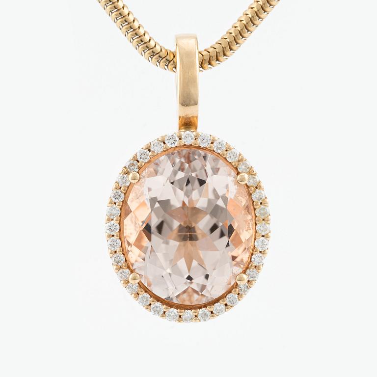 18K gold, morganite and brilliant cut diamond necklace.